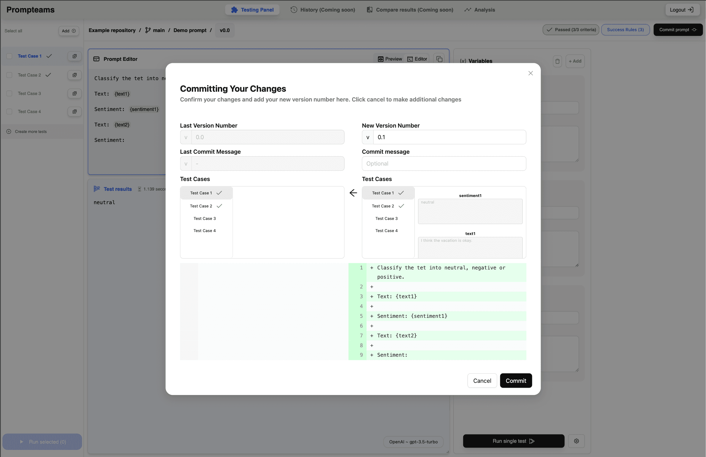 Commiting llm prompts for prompt versioning